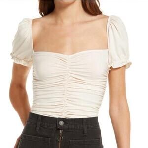 Reformation Fallow Ruched Puff Sleeve Top — Cream
